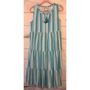 Tucker Nuck Striped Tiered Maxi Dress Teal White Sleeveless Tassel Tie XS